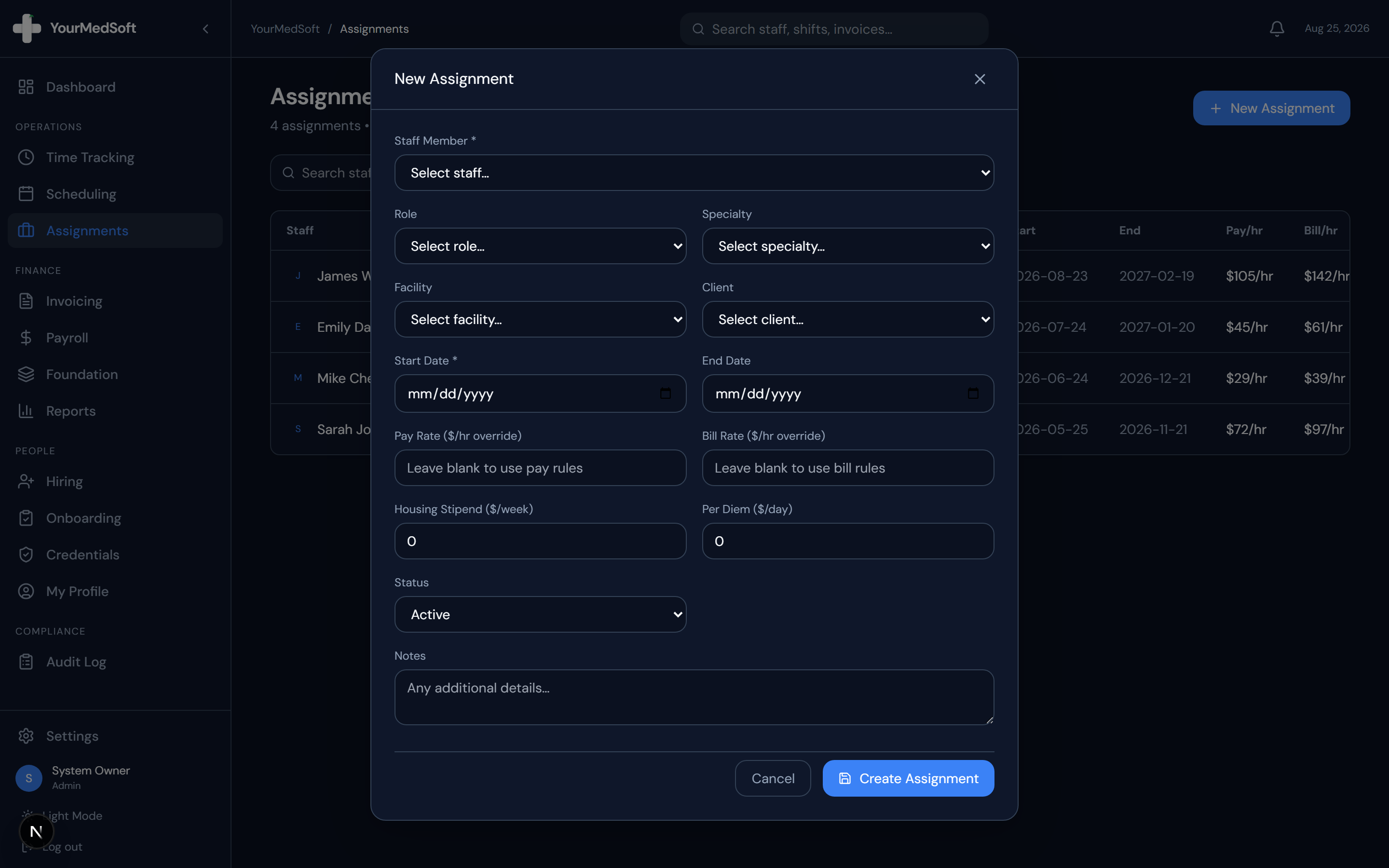 Assignments manager and multi-week travel contract placement builder.