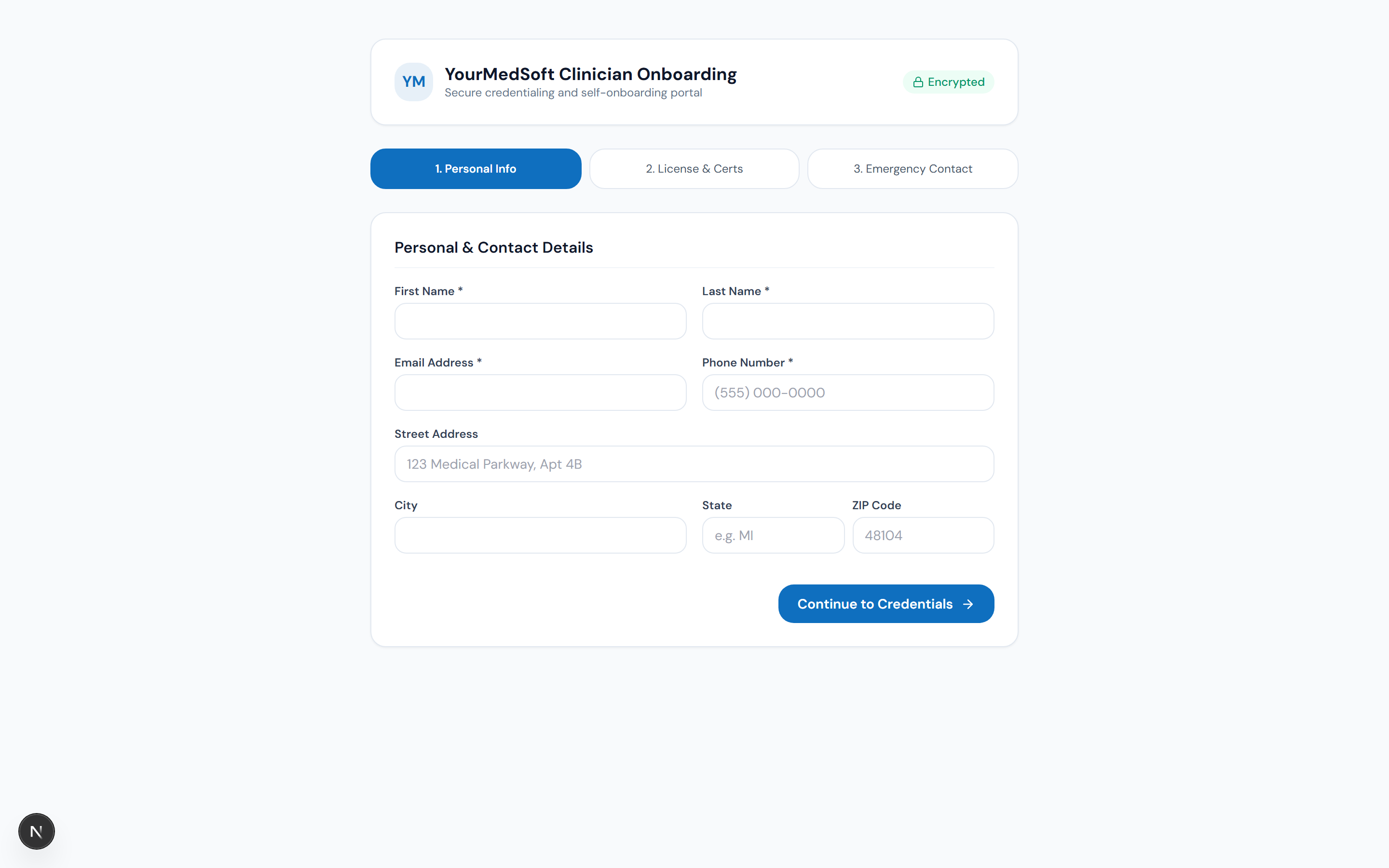 Candidate mobile self-onboarding portal with encrypted identity and credential entry.