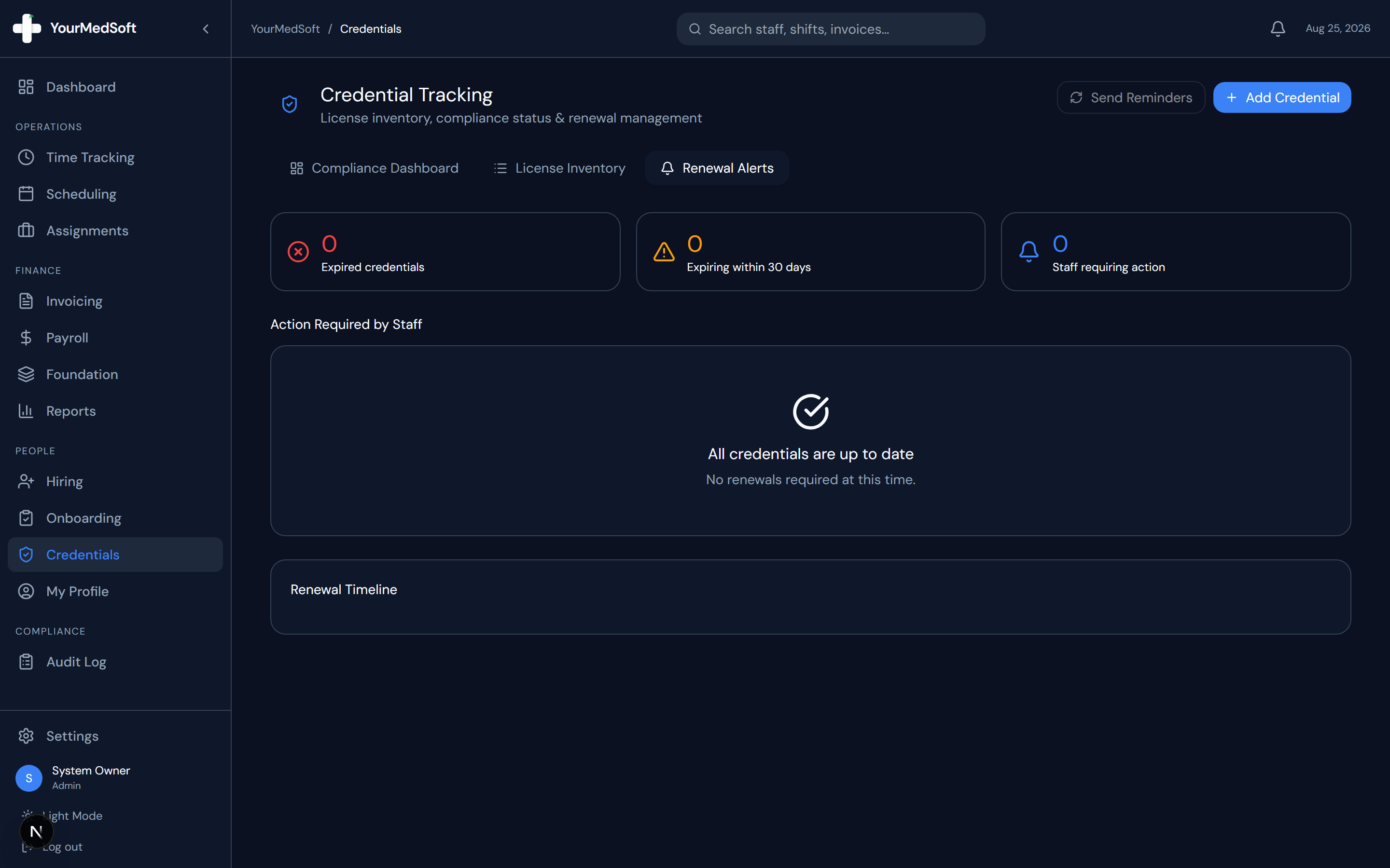 Credential inventory showing active clinician compliance statuses, expiration dates, and verification records.