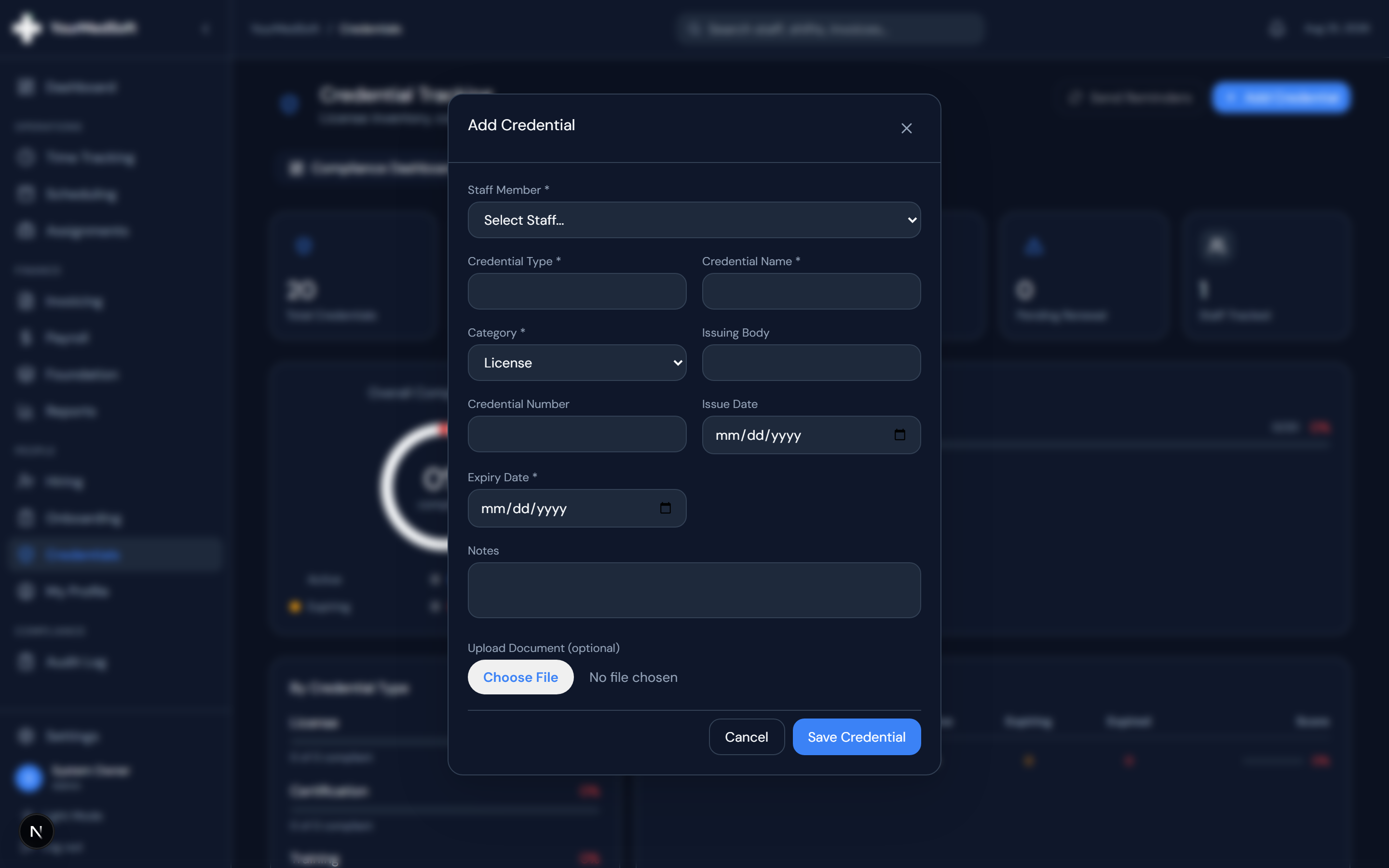 Document upload and certification entry modal with expiry date configuration.