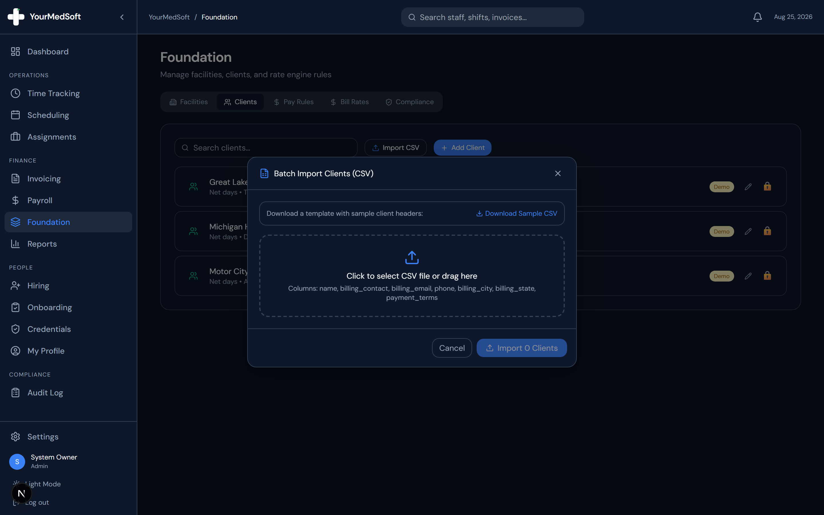 Batch Import Clients modal for instant bulk upload of client billing profiles.
