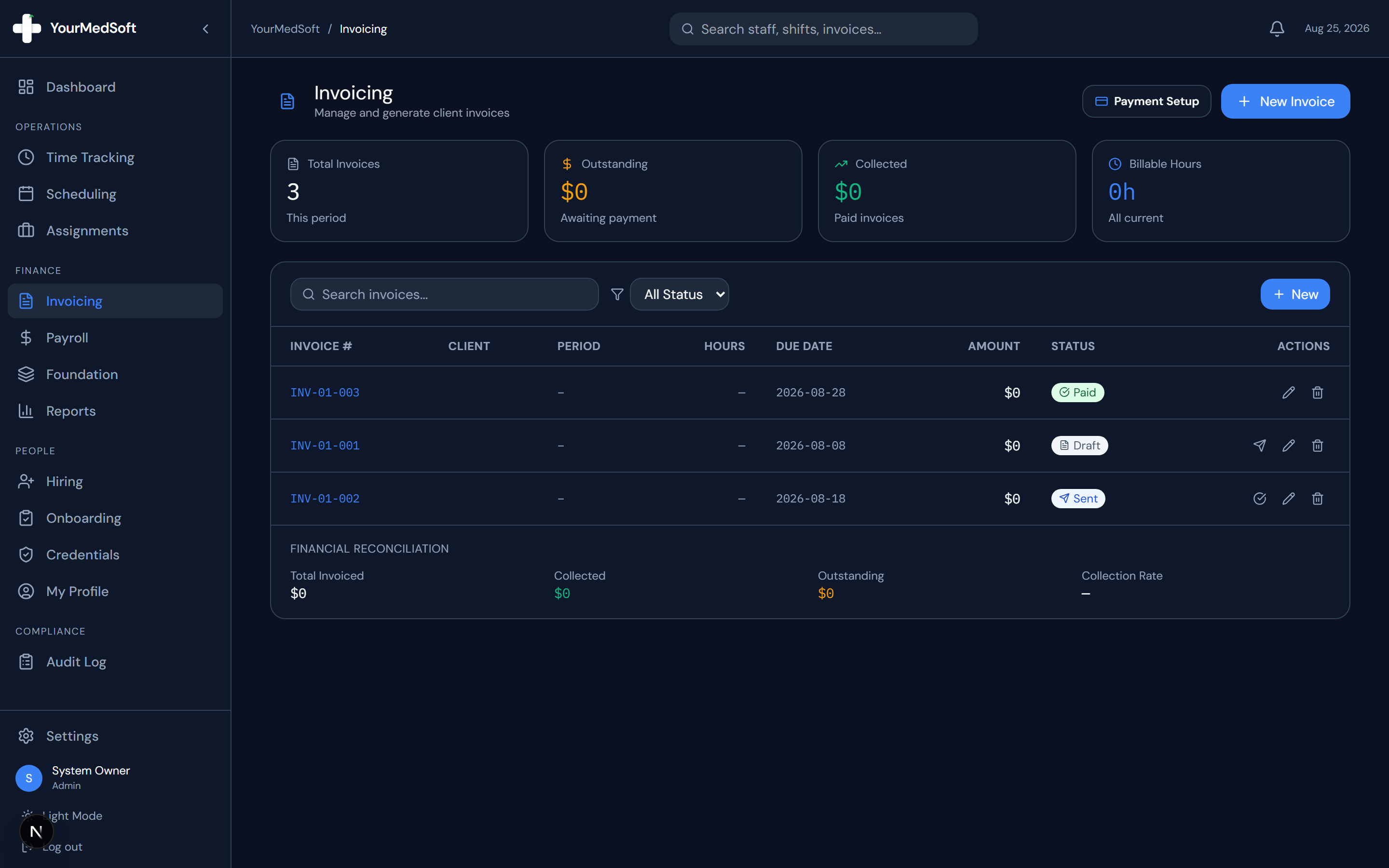 Invoice Builder with integrated client receiving payment methods and line item generator.
