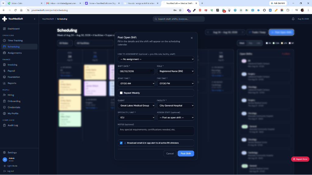 Scheduling calendar with open shift slots and staff availability sidebar.