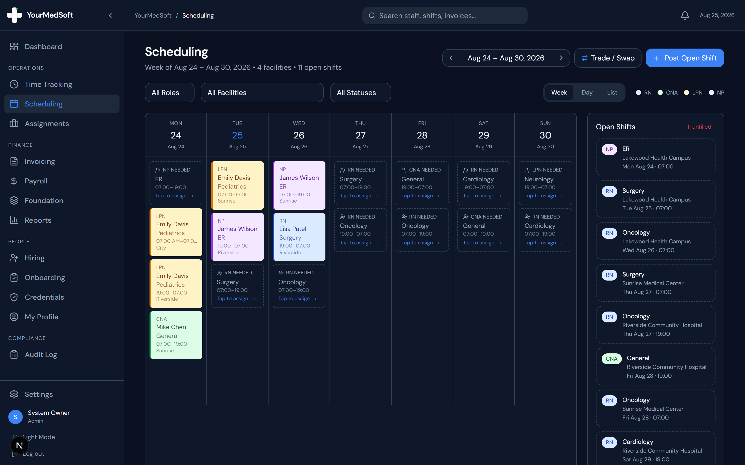 Multi-criteria scheduling toolbar with week navigator, role filters, and facility dropdowns.