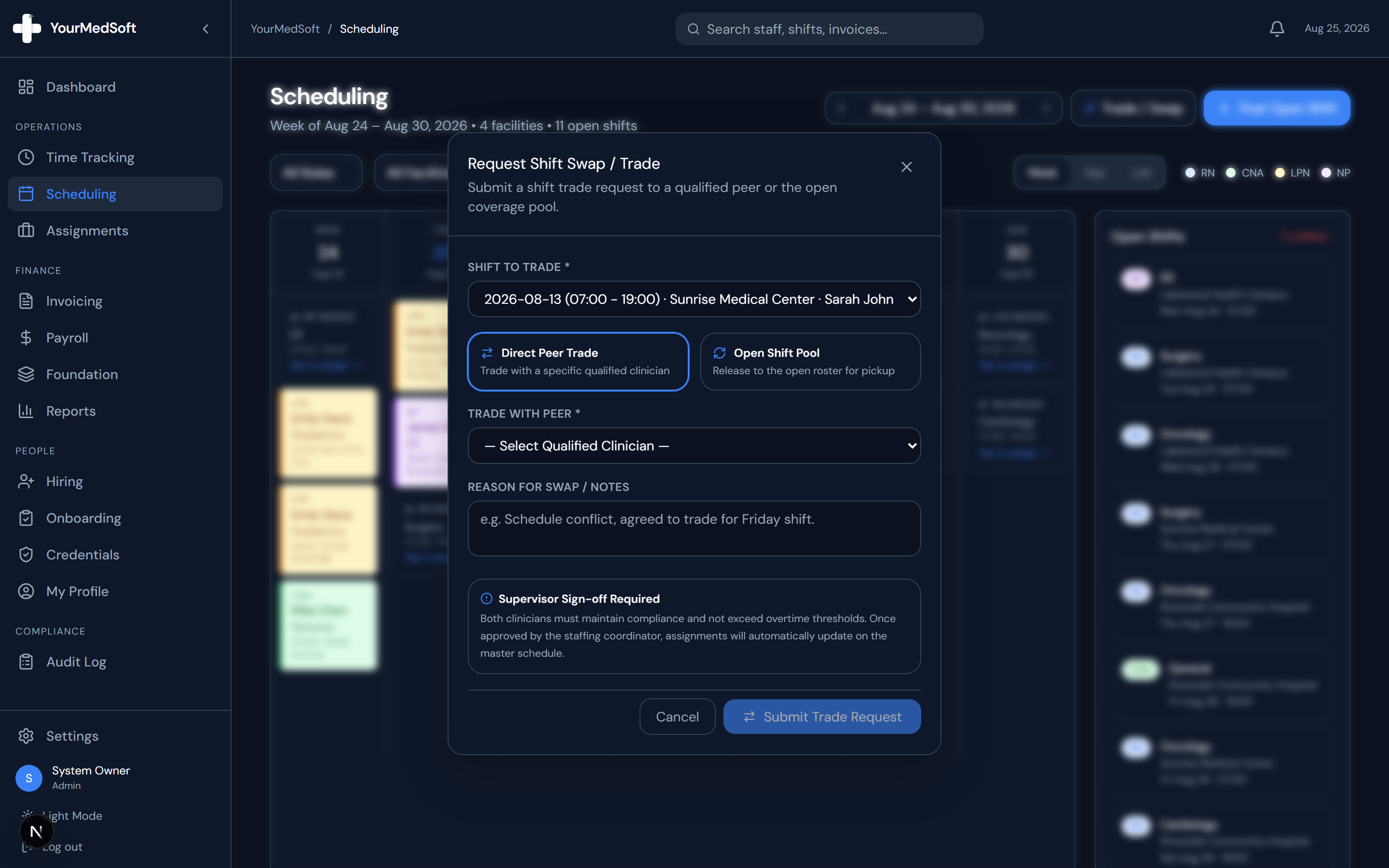 Shift Trade and Swap modal supporting Direct Peer Trades and Open Pool giveaways.