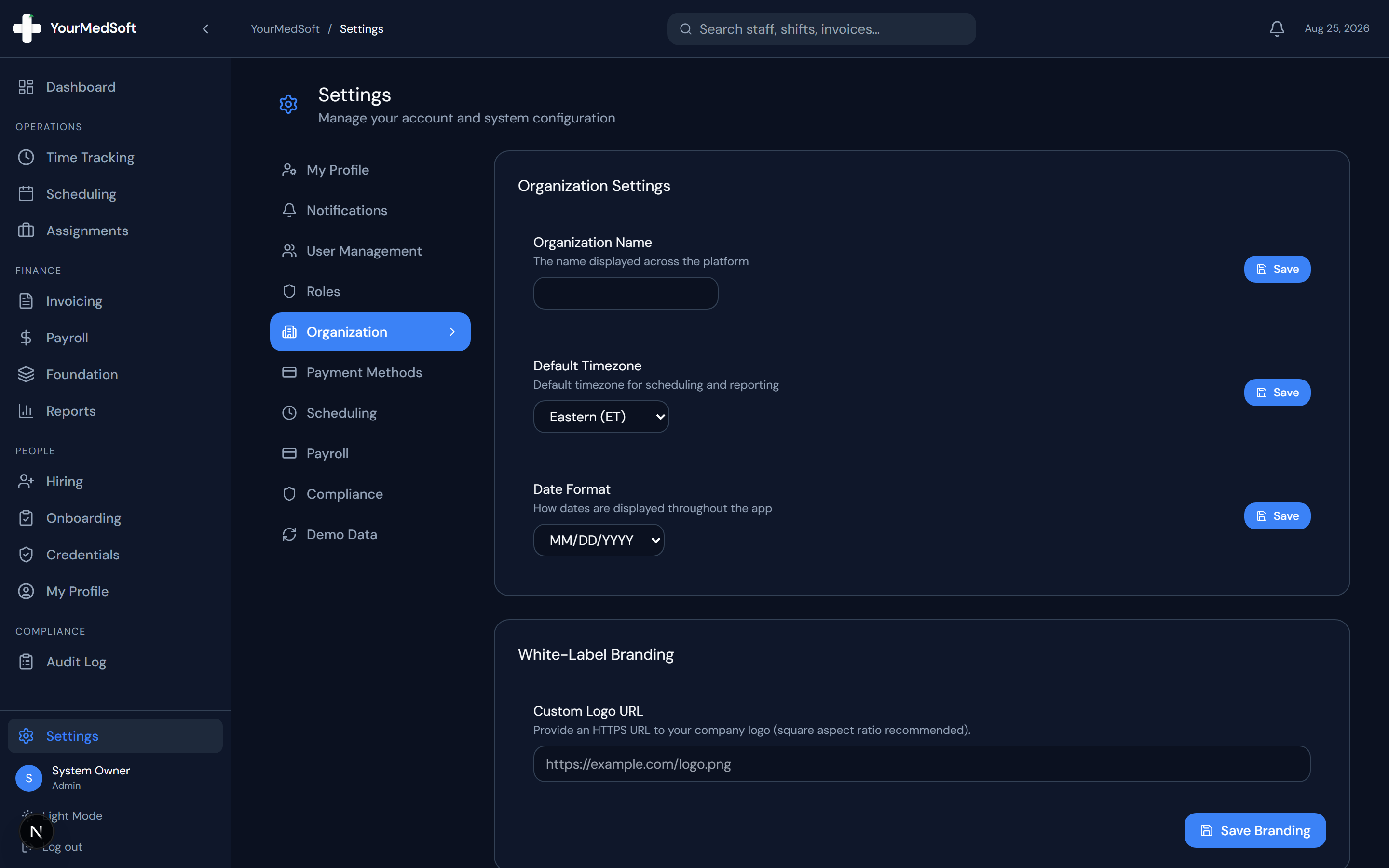 Organization settings with agency logo, timezones, and active healthcare vertical selectors.