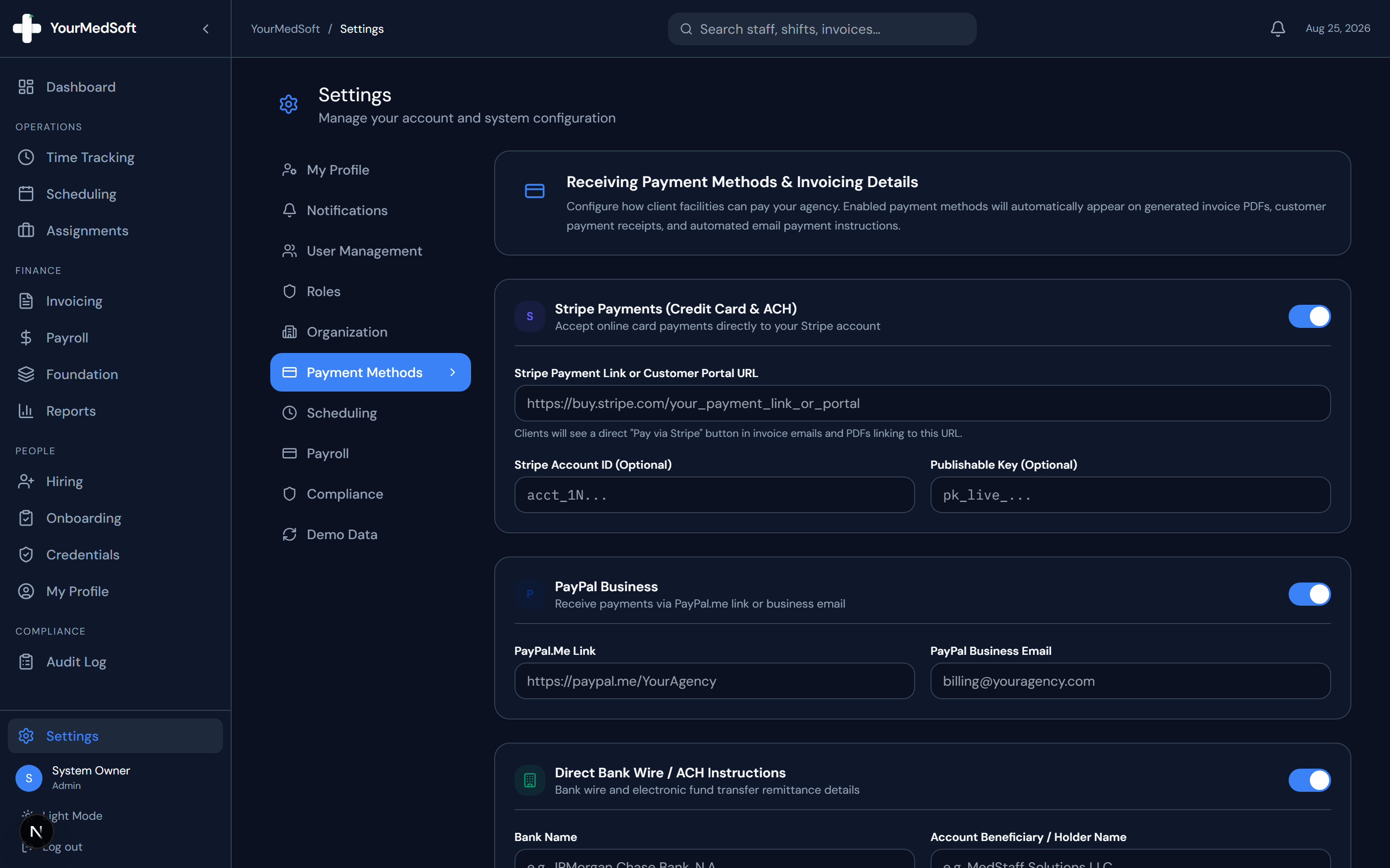 Payment Methods manager with Stripe, PayPal, ACH/Bank Wire, and Check Remittance forms.