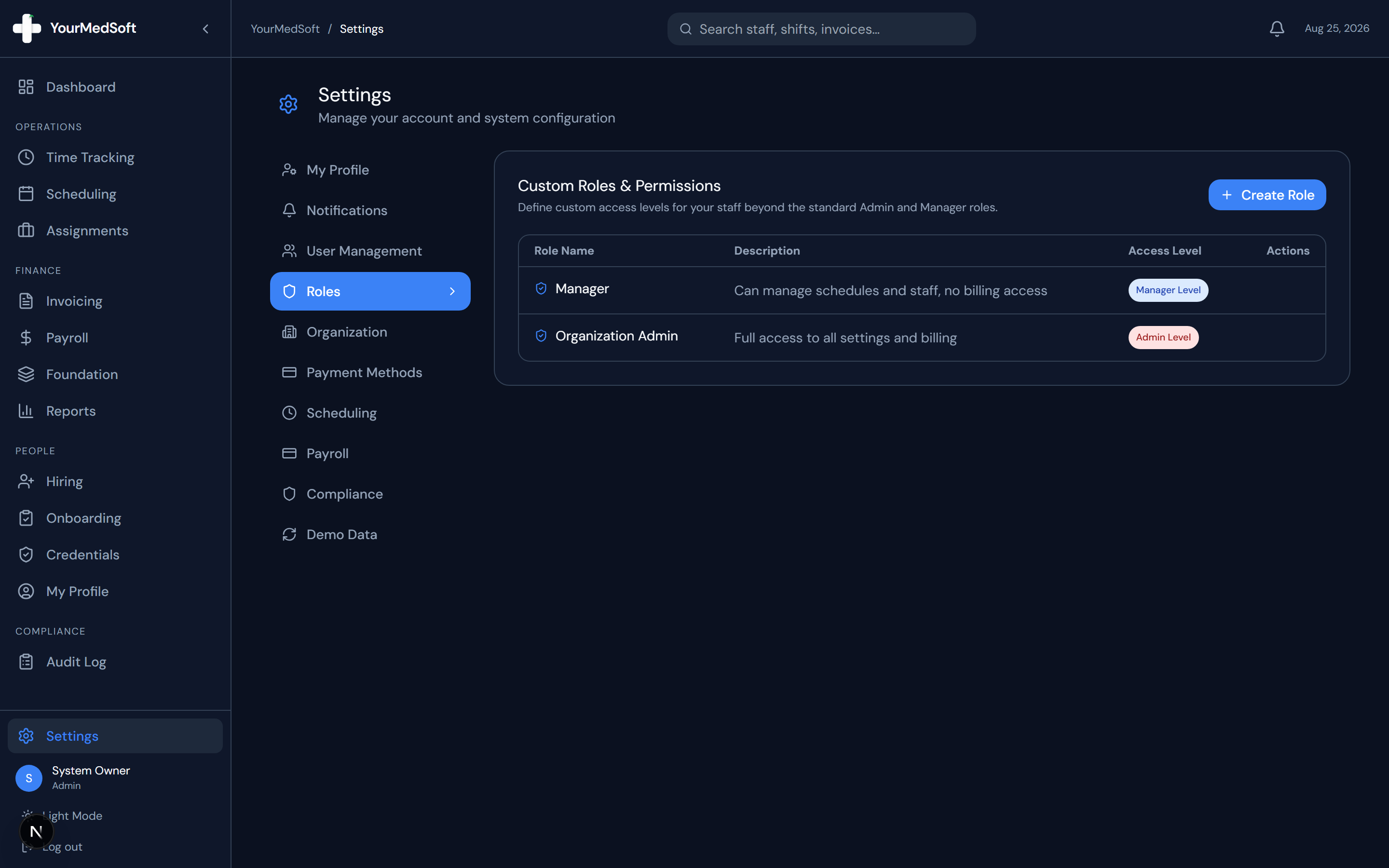 Roles and permissions management panel with access tier matrix.