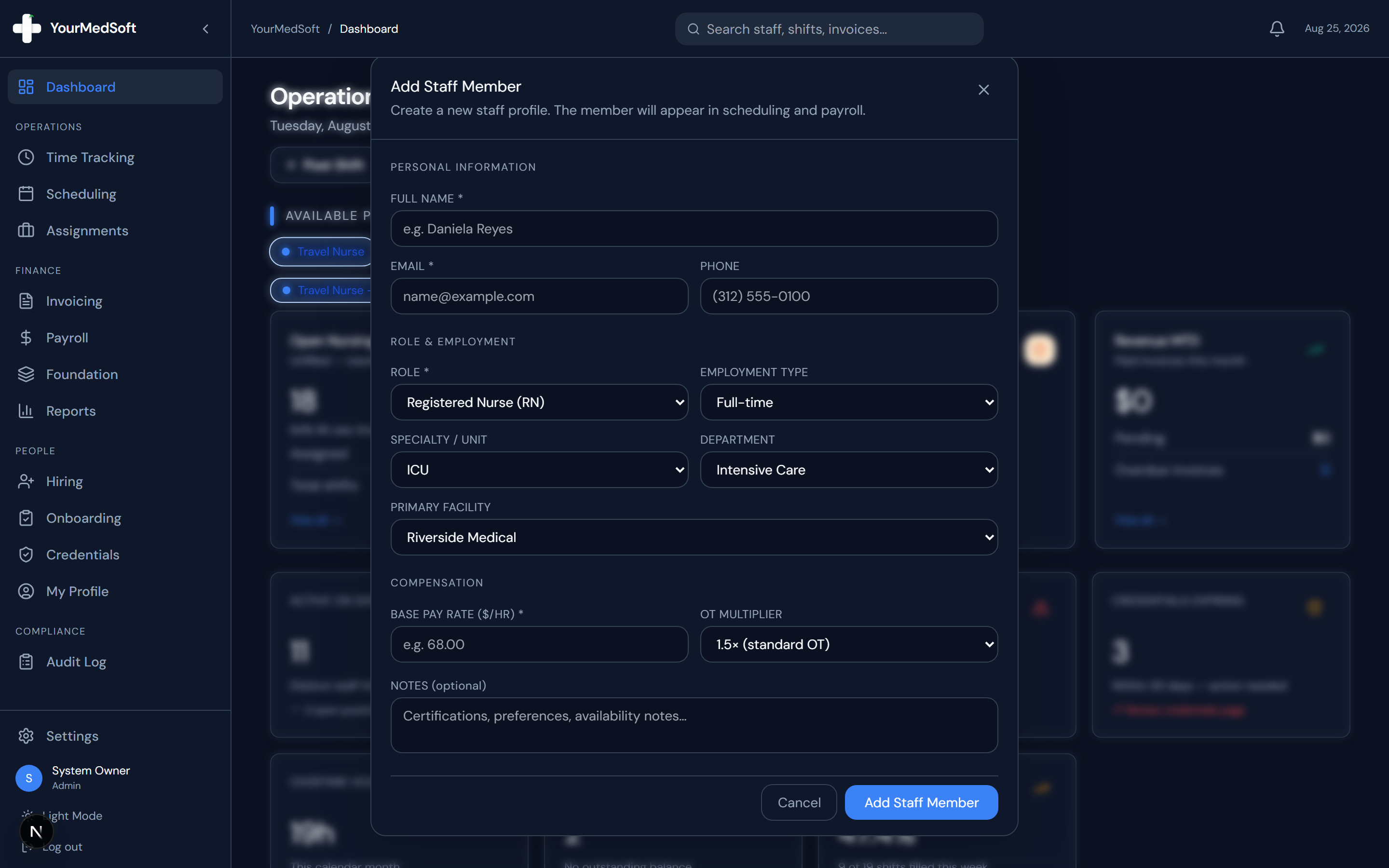 Add Staff Member modal with personal info, license classification, and compensation fields.